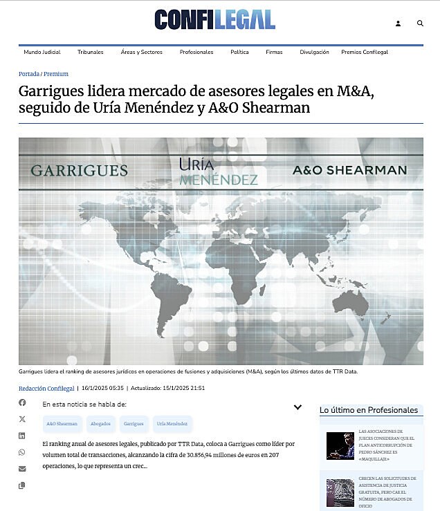 Garrigues lidera mercado de asesores legales en M&A, seguido de Ura Menndez y A&O Shearman